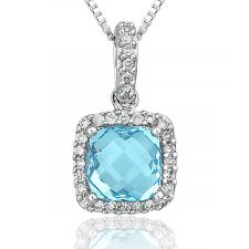 18ct White Gold Cushion Blue Topaz & Diamond Necklace